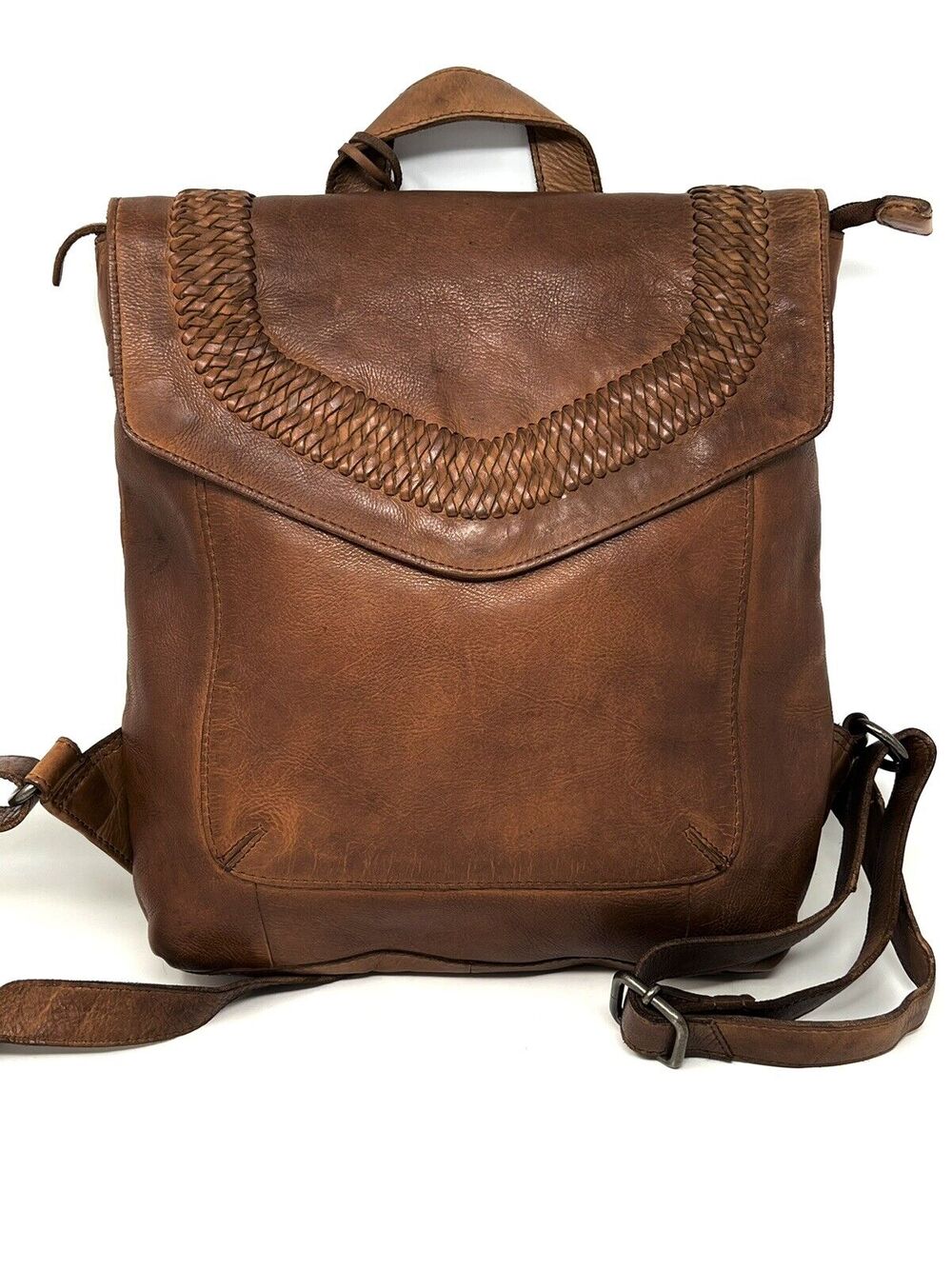 Vilenca Holland Backpack Distressed Leather Woven Trim TK 228 Cognac Brown NWT